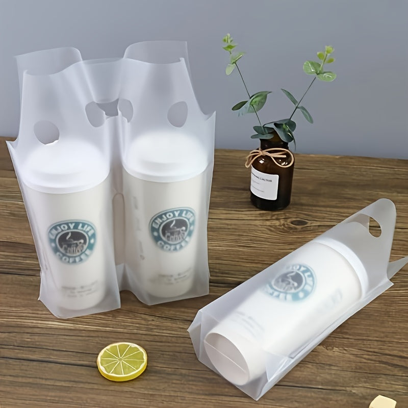 100 pieces of plastic packaging bags for coffee, beverages, and juice. These white transparent bags are perfect for takeaway and are disposable. They are designed for single and double cup packaging.