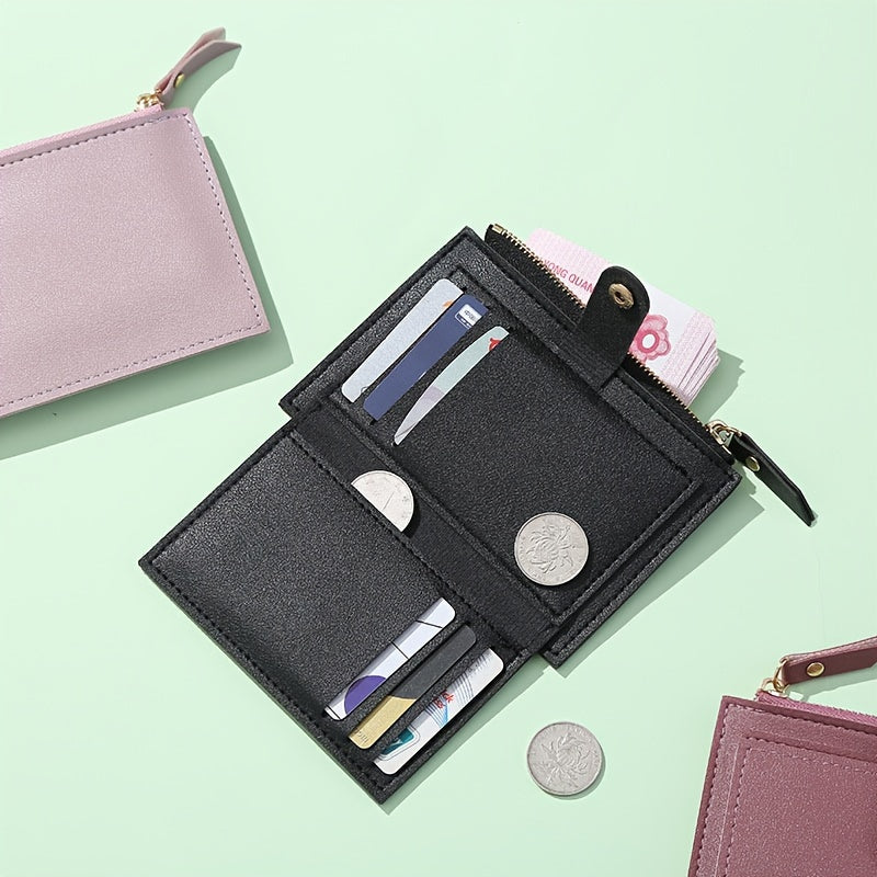 Sleek women's wallet with snap button zipper in pink, light brown, blue, and black. Lightweight, portable, bifold design made of TSA-approved PU material. Ideal for cash, ID, credit cards