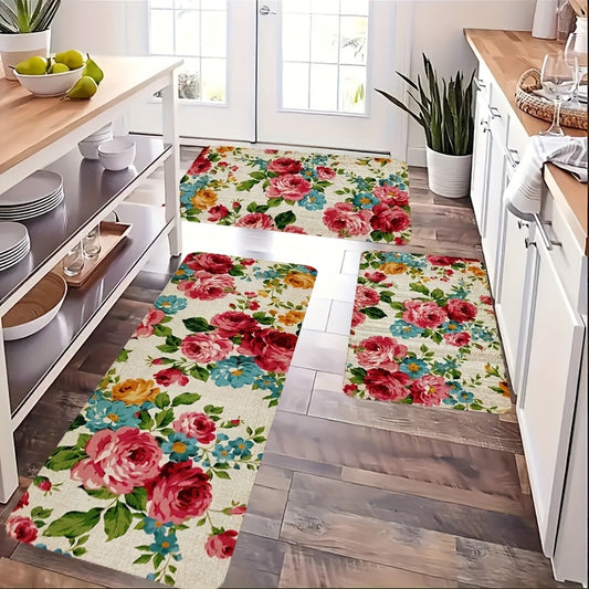 Polyester kitchen mat with floral design is non-slip, oil-proof, and waterproof. Machine washable and dirt-resistant, suitable for various rooms. Water-absorbing and decorative floor mat.