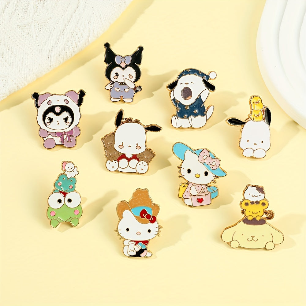 Cute Sanrio Cartoon Kulomi Brooch Set of 9, featuring adorable animal designs with colorful zirconia accents. Made from zinc alloy enamel, perfect for accessorizing backpacks, clothing, and jewelry as a charming holiday gift.