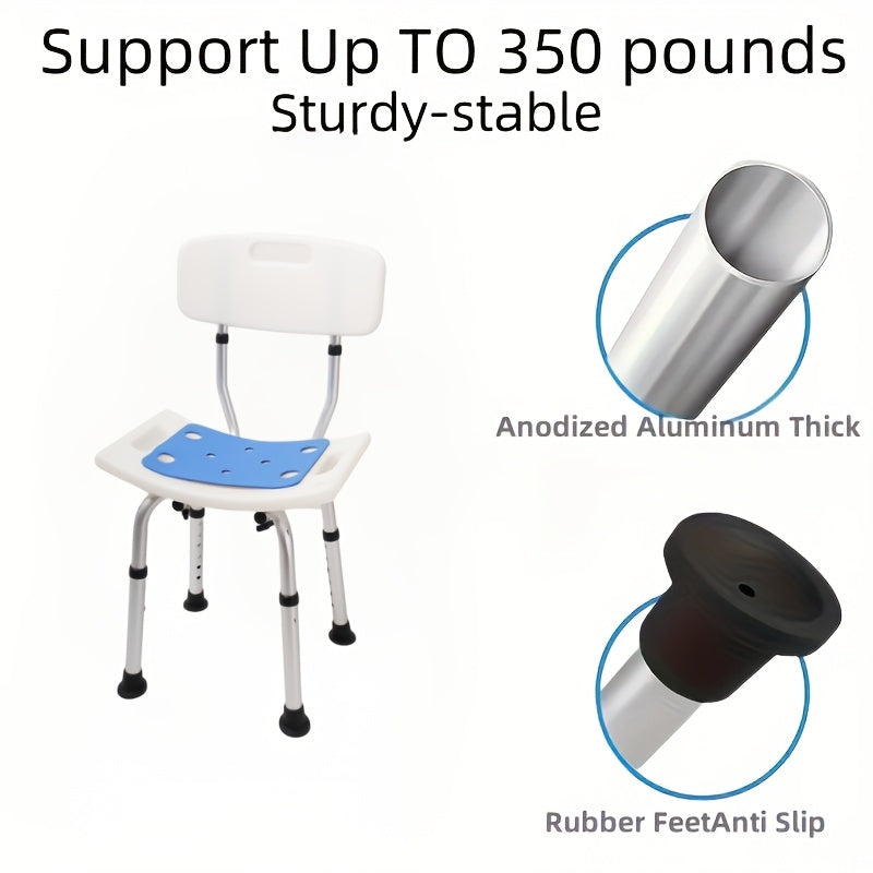 Anti-slip bath chair for elderly, pregnant women, and youngsters. Aluminum construction with no-drill installation. Anti-fall shower stool for bathroom.