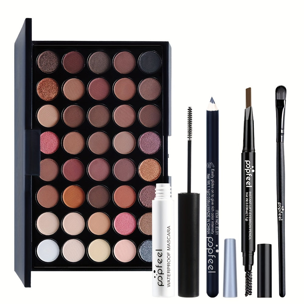 POPFEEL 40-Color Eyeshadow Palette Set in Black Tones with Brushes, Mascara - Portable Eye Makeup Kit