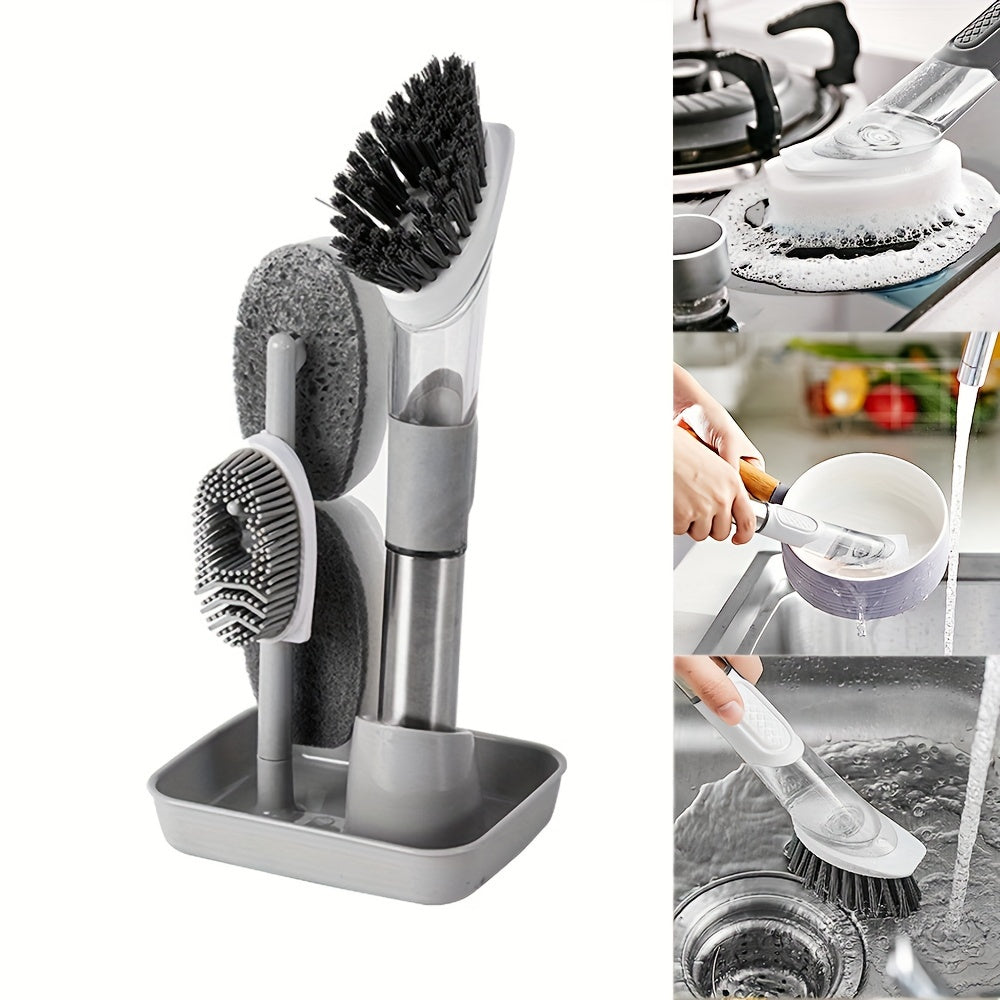 Kitchen Cleaning Brush Set with Soap Dispenser includes three multifunctional brushes. The long handle and removable sponge make it perfect for cleaning dishes and more. The durable nylon bristles ensure a thorough clean while the space-saving design