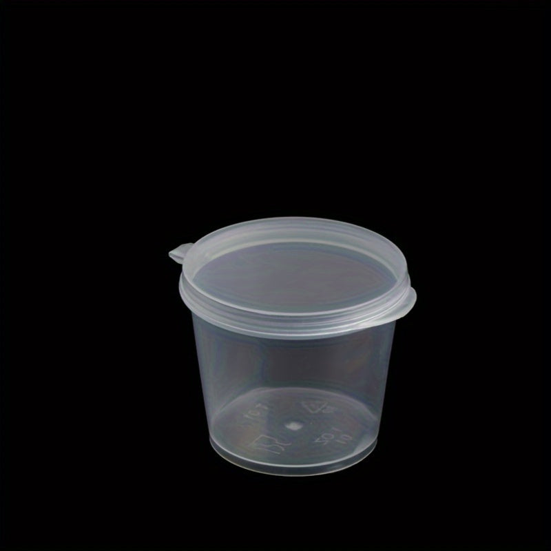 100 pieces of plastic disposable sauce containers with lids - small, clear food storage cups for condiments, snacks, dressings. These containers are BPA-free and food-safe, perfect for takeout meals.