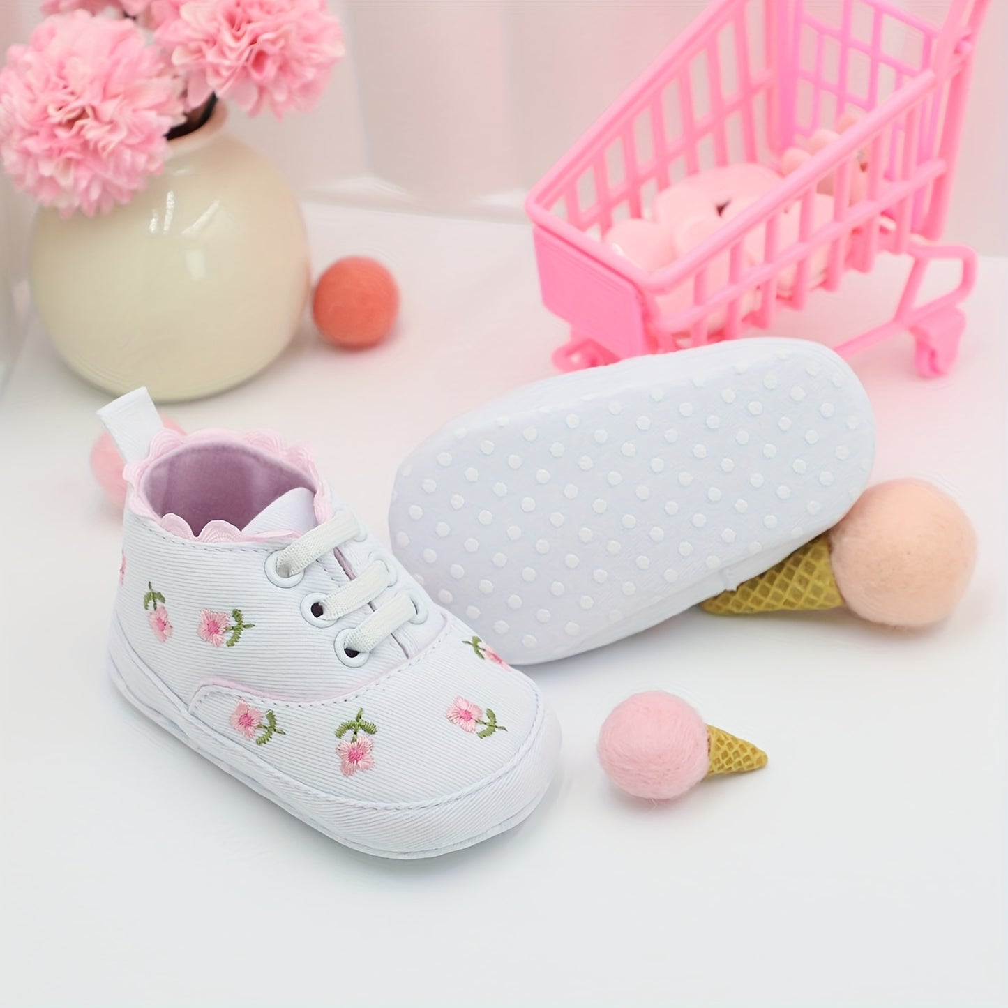 RABEISIR Floral Baby Girl First Walker Shoes in various colors, with soft sole Mary Jane style for parties and leisure activities.