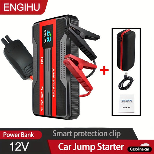 Portable smart start clip car battery booster and power bank starting device for universal 12V car battery jump starting.