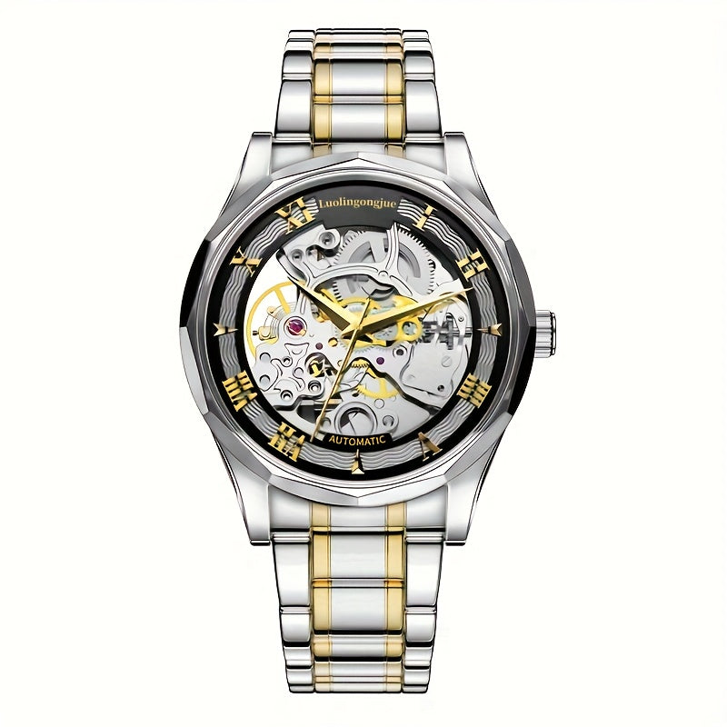 Luxury Men's Mechanical Watch with Stainless Steel Strap, Hollow Dial, and Automatic Self-Winding. Casual Style with Uncharged Power Mode; No Battery Required.