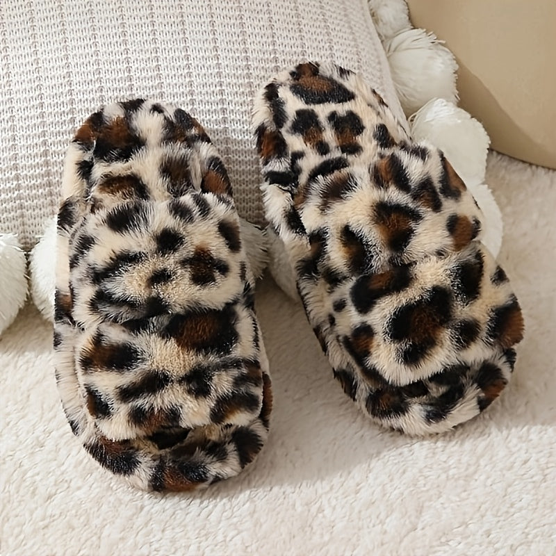 Women's soft plush cross-strap slippers with peep-toe fur, suitable for indoor and outdoor use.