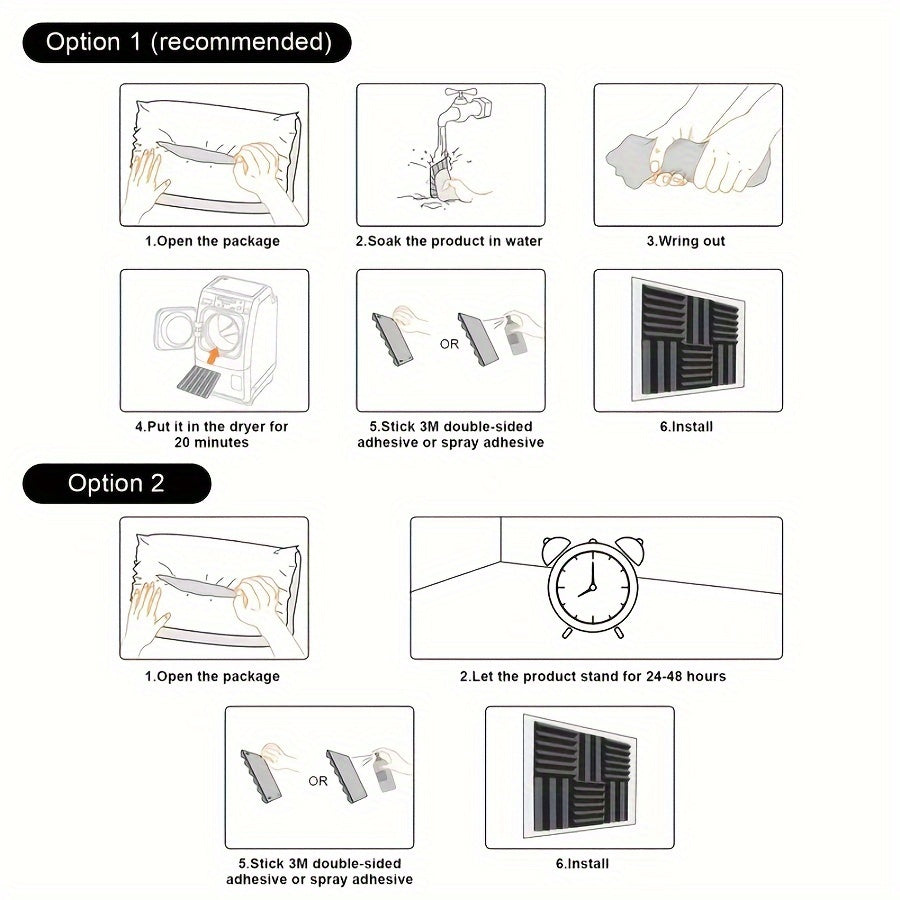 Box of 12 black acoustic foam panels measuring 2.54cm x 30.48cm x 30.48cm for sound absorption in studios and home offices. Fire-resistant and reduces reverb and echoes. Improves acoustic