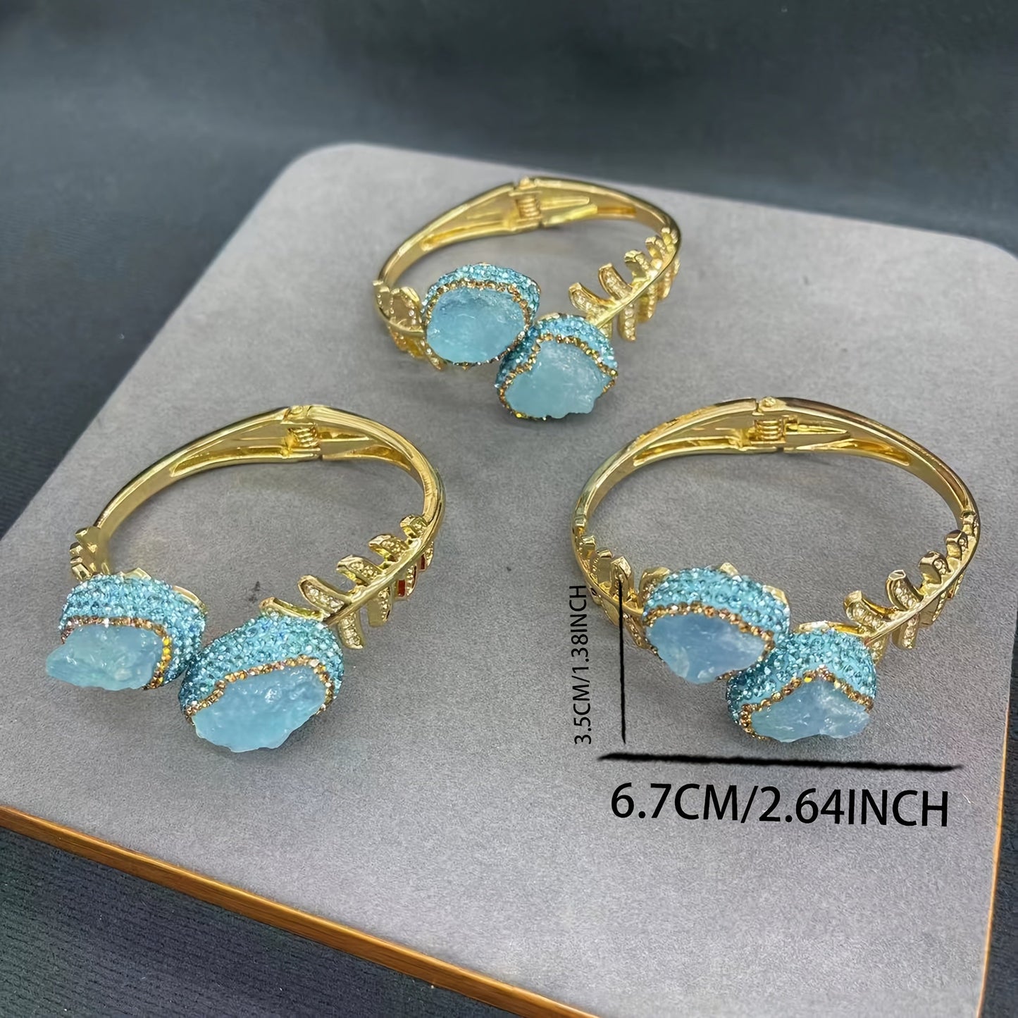 Gold Plated Aquamarine Raw Stone Bracelets featuring Bohemian & Minimalist Style, with Clay Inlay and Adjustable Leaf Design. Perfect Gift for a Delicate Female.