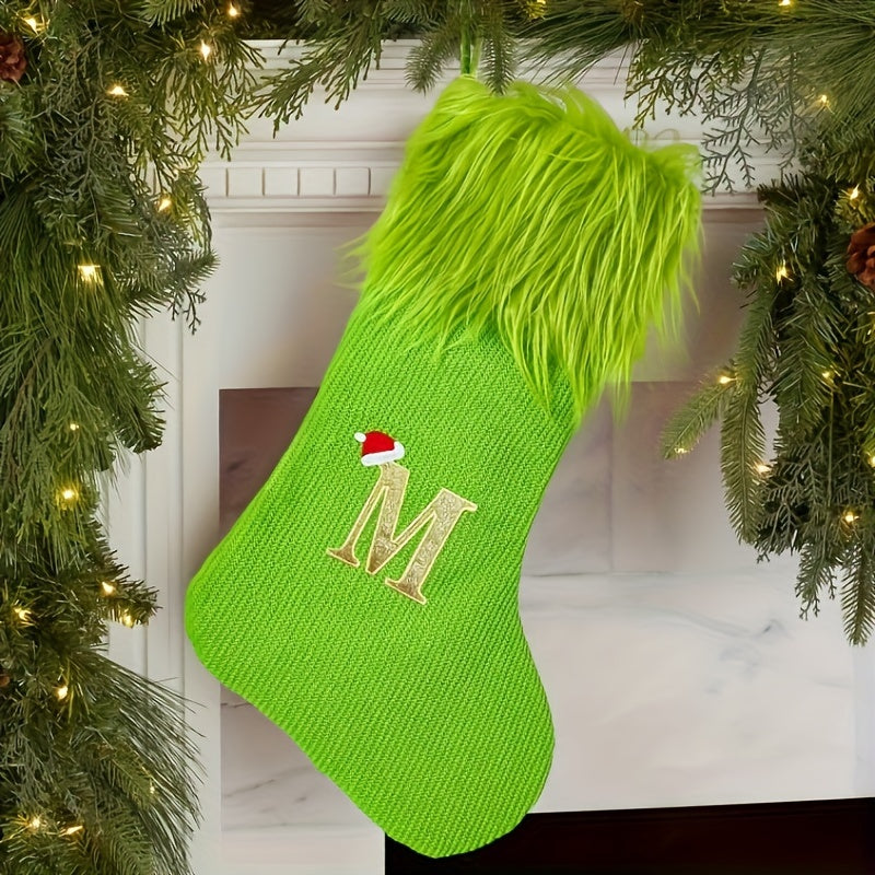 Modern Green Christmas Stocking with Custom Initial Embroidery, Perfect for Holiday Gifts - Single Pack