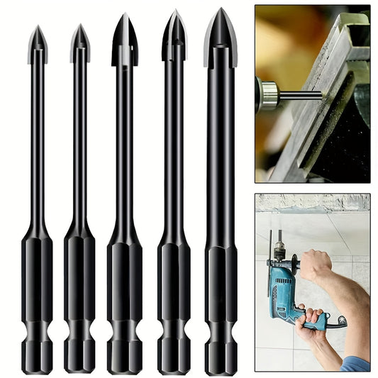 5pcs hexagonal shank cross reaming triangular drill bits for glass, ceramic, woodworking, and electric tools, with hard alloy accessory in 3/4/5/6/8mm sizes.