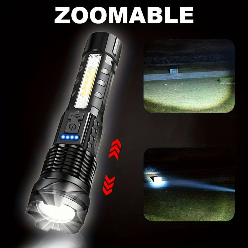 1pc Portable Camping Flashlight, USB Rechargeable LED Handheld Torch with Red-Blue Warning Light for Fishing, Adventure, Emergency, Hiking, Outdoor Searchlight.