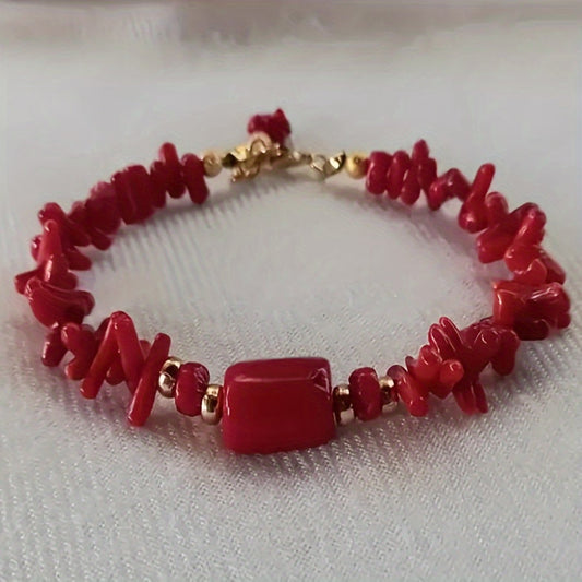 Handcrafted bracelet made of natural red coral branches with toggle clasp, designed for women in boho style. Featuring December birthstone with sports theme, perfect for Valentine's Day and all seasons.