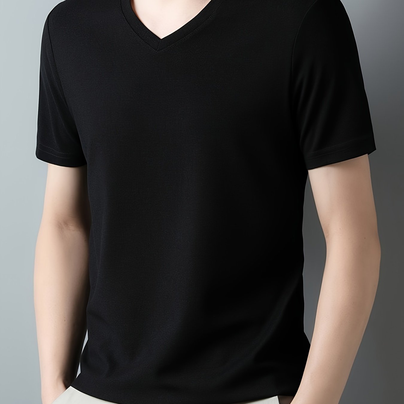 Men's casual short sleeve V-neck tee for summer outdoor wear.