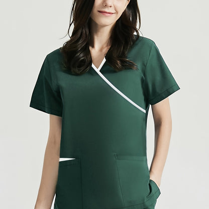 Medical Care Scrub Set with Contrast Trim, V Neck Short Sleeve Top & Pants, Women's Outfits