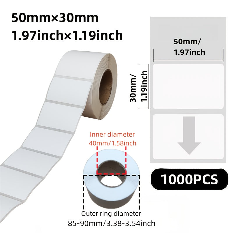 Pack of 1000 Thermal Adhesive Cheese Labels, measuring 5.08x2.54 cm. Made of paper material and suitable for non-food contact. Features perforation for easy separation and ideal for barcode printer labels.