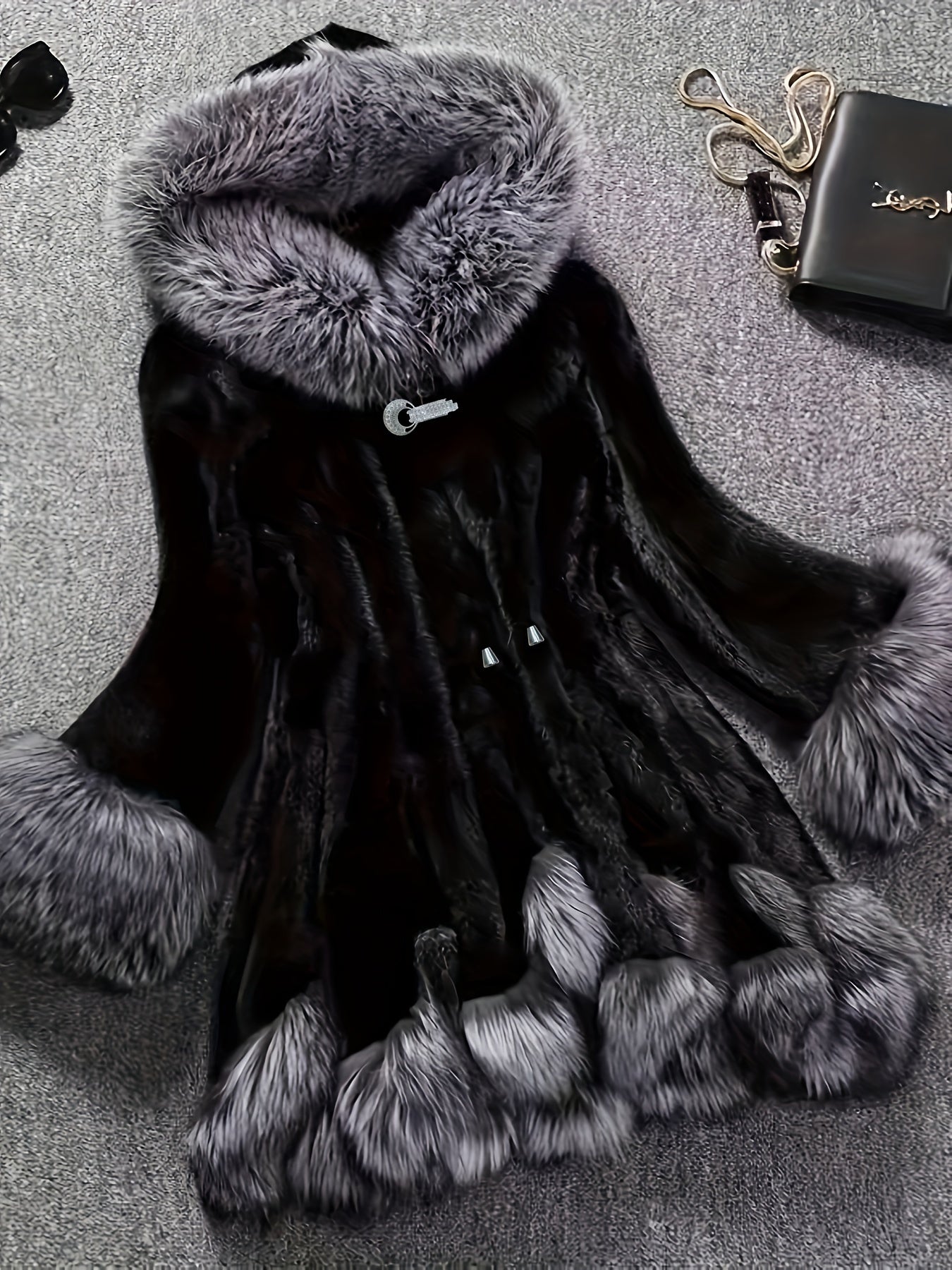 Elegant plus size winter coat with faux mink fur trim and faux fox fur collar, lapel style in solid color knit fabric with pockets.