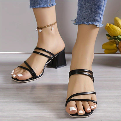 Chunky heel sandals with square toe and slip-on design for women, perfect for casual summer wear.