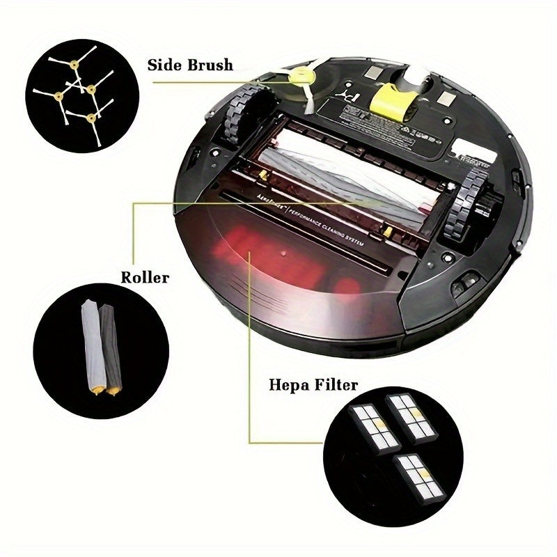 Replacement Parts Kit for iRobot 800/900 Series with 9 Pieces, Compatible with Various Models such as 805, 860, 870, 880, 890, 960, 980, and 985. The kit includes 3 HEPA Filters, 4 Side Brushes, 2 Roller Brush Sets, and Plastic and Silicone Vacuum