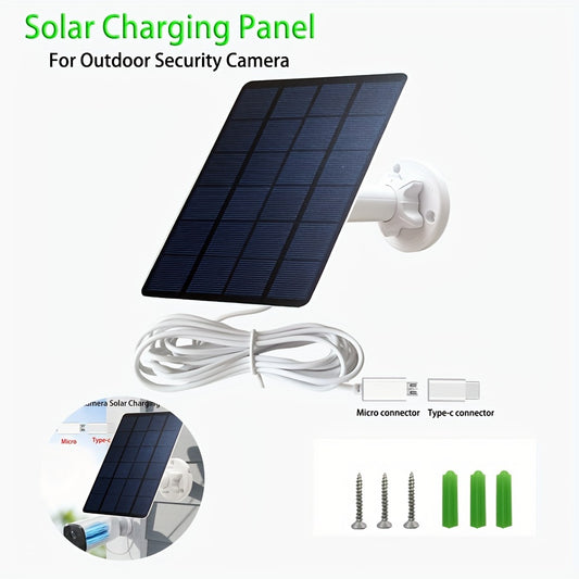 Rotatable solar panel with type-c/micro connector for outdoor security camera charging. Camera and solar panel accessories included.