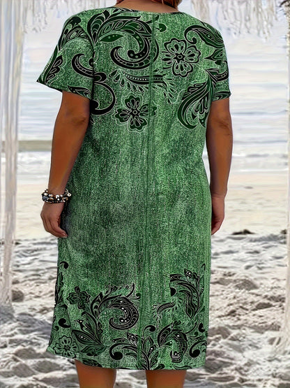 Green floral dress for women with a casual, loose fit, short sleeves, and round neck. Made of polyester knit fabric, perfect for spring/summer/fall and can be worn as a beach dress.