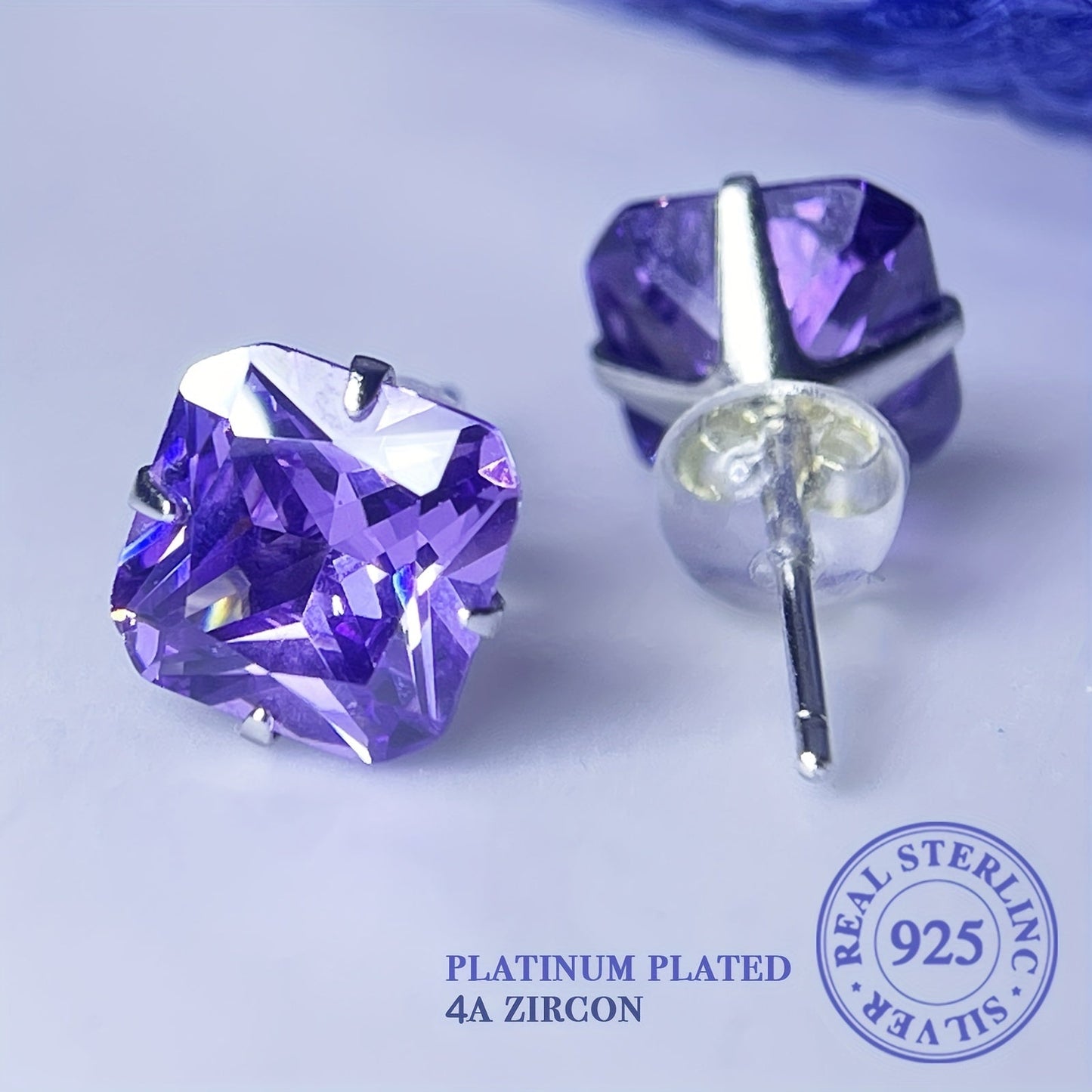 925 Sterling Silver Hypoallergenic Square Stud Earrings featuring Sparkling Purple Zirconia Inlays - Elegant Luxury Style Wedding Ear Decor