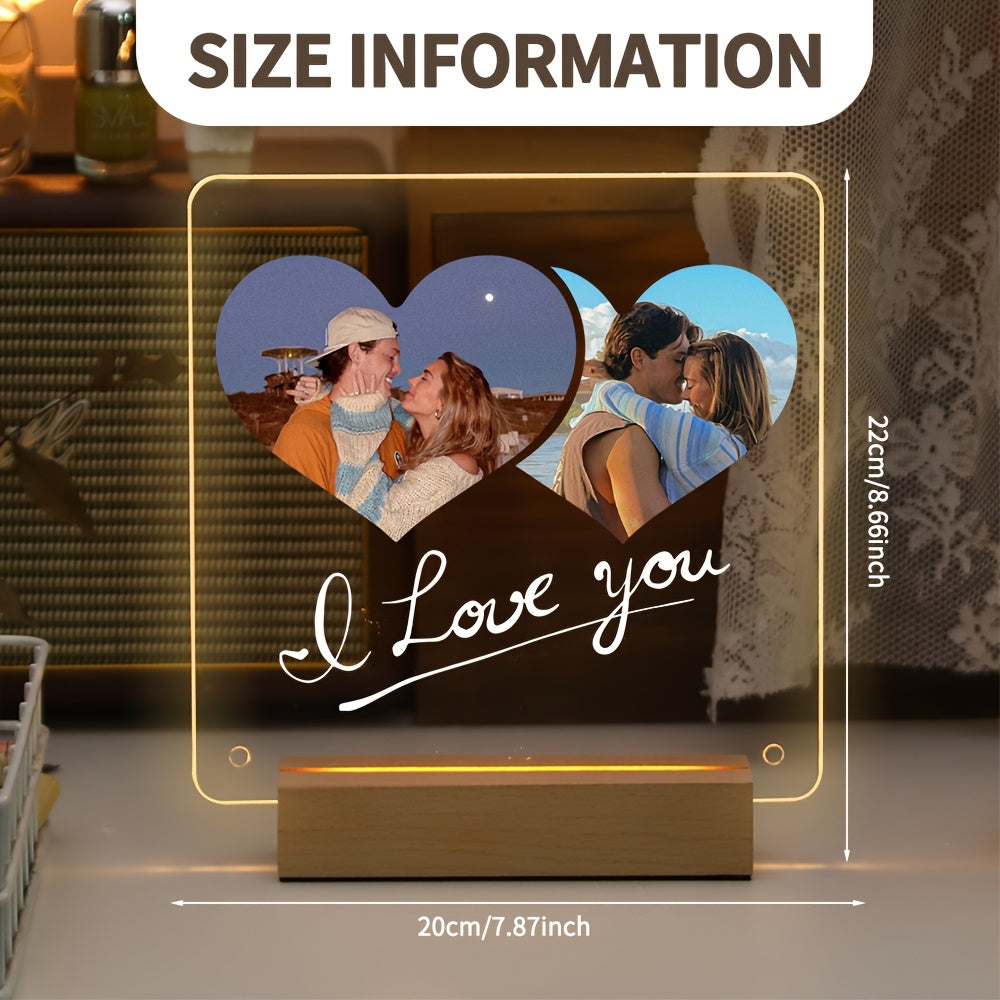 Single frame with LED light featuring personalized photo and customizable acrylic love heart design. Transparent stand for displaying pictures, perfect for celebrating special occasions such as anniversary, Valentine's Day, Christmas, Mother's Day