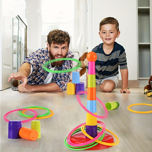 Vibrant Rainbow Ring Toss Game made of durable PET material, perfect for indoor or outdoor play. Includes colorful rings and ball top, a great gift for youngsters.