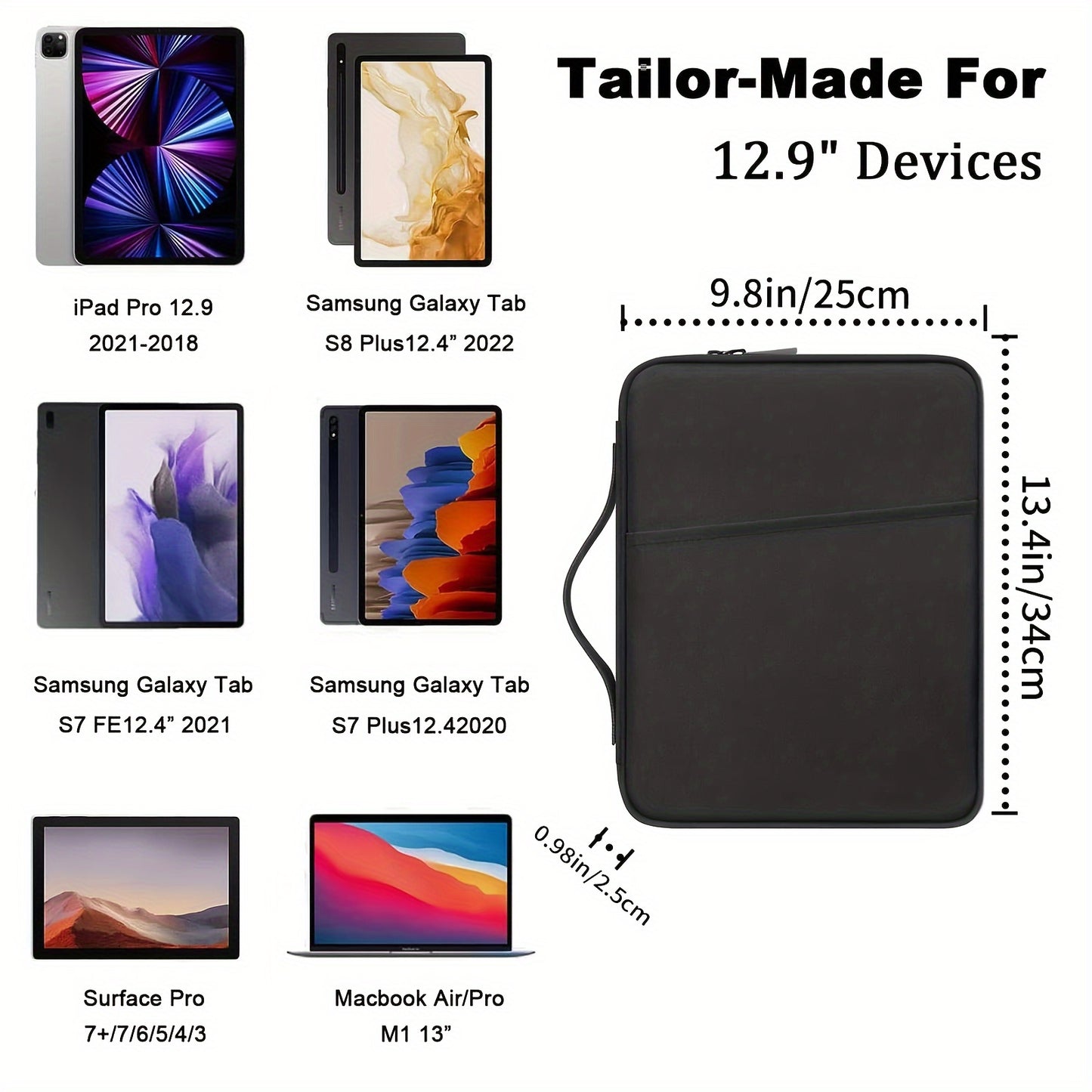 Waterproof tablet sleeve case with handle and front pocket made of durable polyester. Compatible with various tablets such as iPad, Kindle, Samsung Galaxy, and Android tablets. Available in