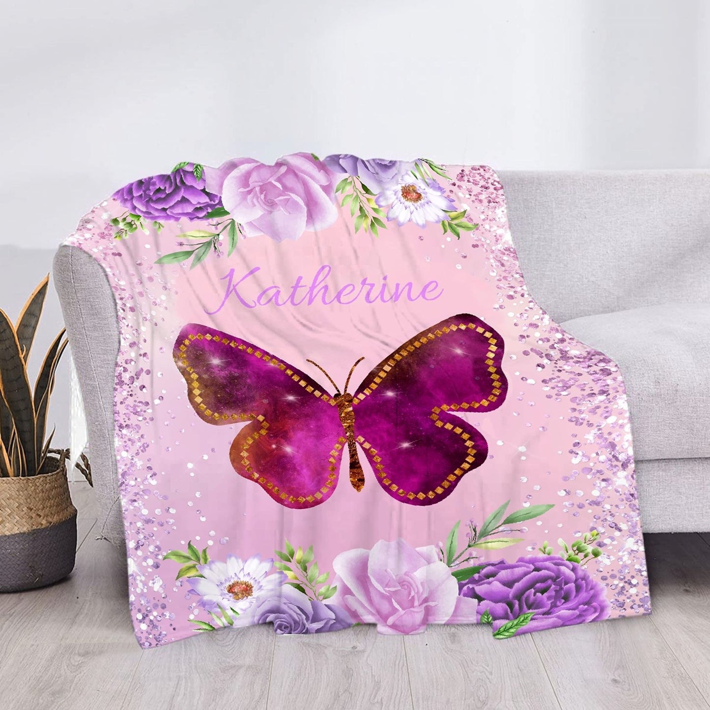 Personalized Butterfly and Floral Print Flannel Blanket - Perfect for Birthdays, Holidays, and Outdoor Adventures! Hypoallergenic, Machine Washable, and Cozy for All Seasons - Use in Couch, Office, or for Pets!