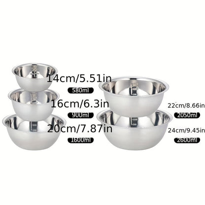 Set of 5 Stainless Steel Mixing Bowls with Non-Slip Base - Reliable and Food-Safe Kitchen Bowls for Long-Lasting Use