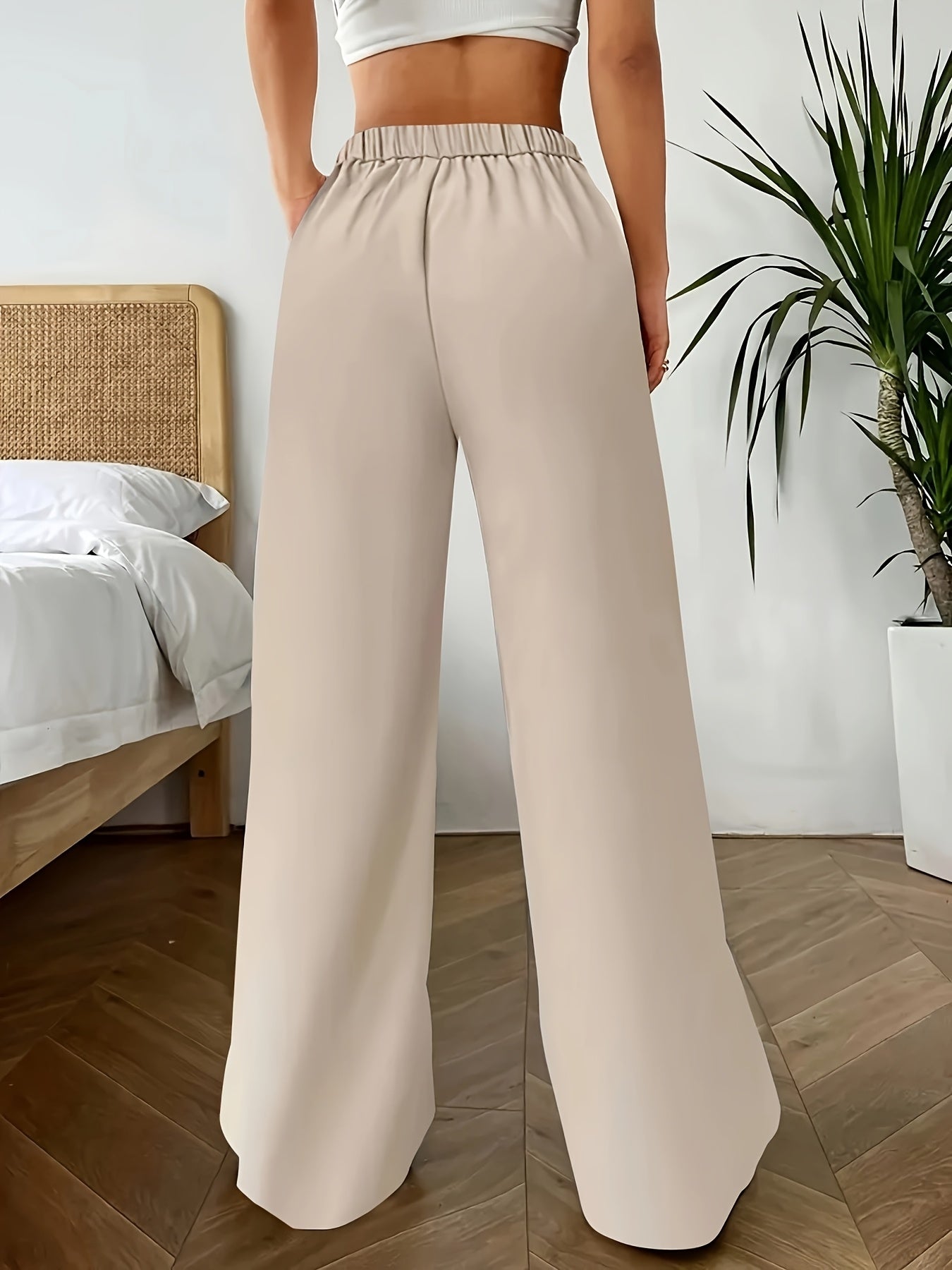 Women's High-Waist Loose Pants with Pleated Detail and Pockets, Machine Washable, Polyester Blend, Glossy Surface Fabric.