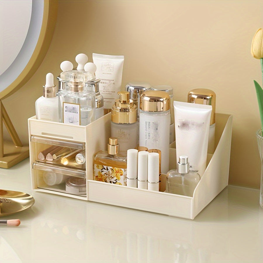 Clear acrylic makeup organizer with drawers for skincare, brushes, and accessories. Ideal for bathroom organization.