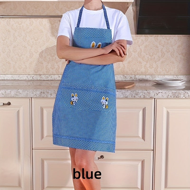 Plaid polyester kitchen apron featuring cute bunny design in soft woven velvet fabric, durable for home and restaurant use. Available in pink and purple.