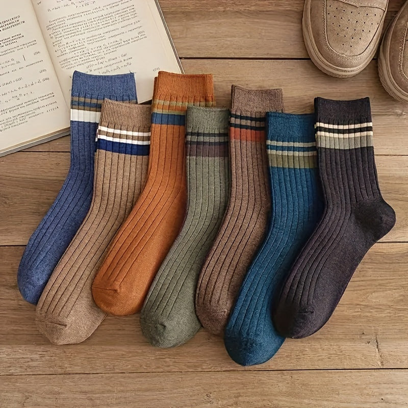 7 pairs of men's casual striped crew socks, anti-odor and sweat-absorbing for breathable comfort.