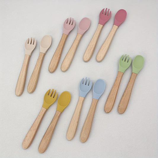 Set of 2 Youngsters & Youngsters Feeding Sets - Includes Soft Silicone Spoon and Fork with Wooden Handles in Mixed Colors