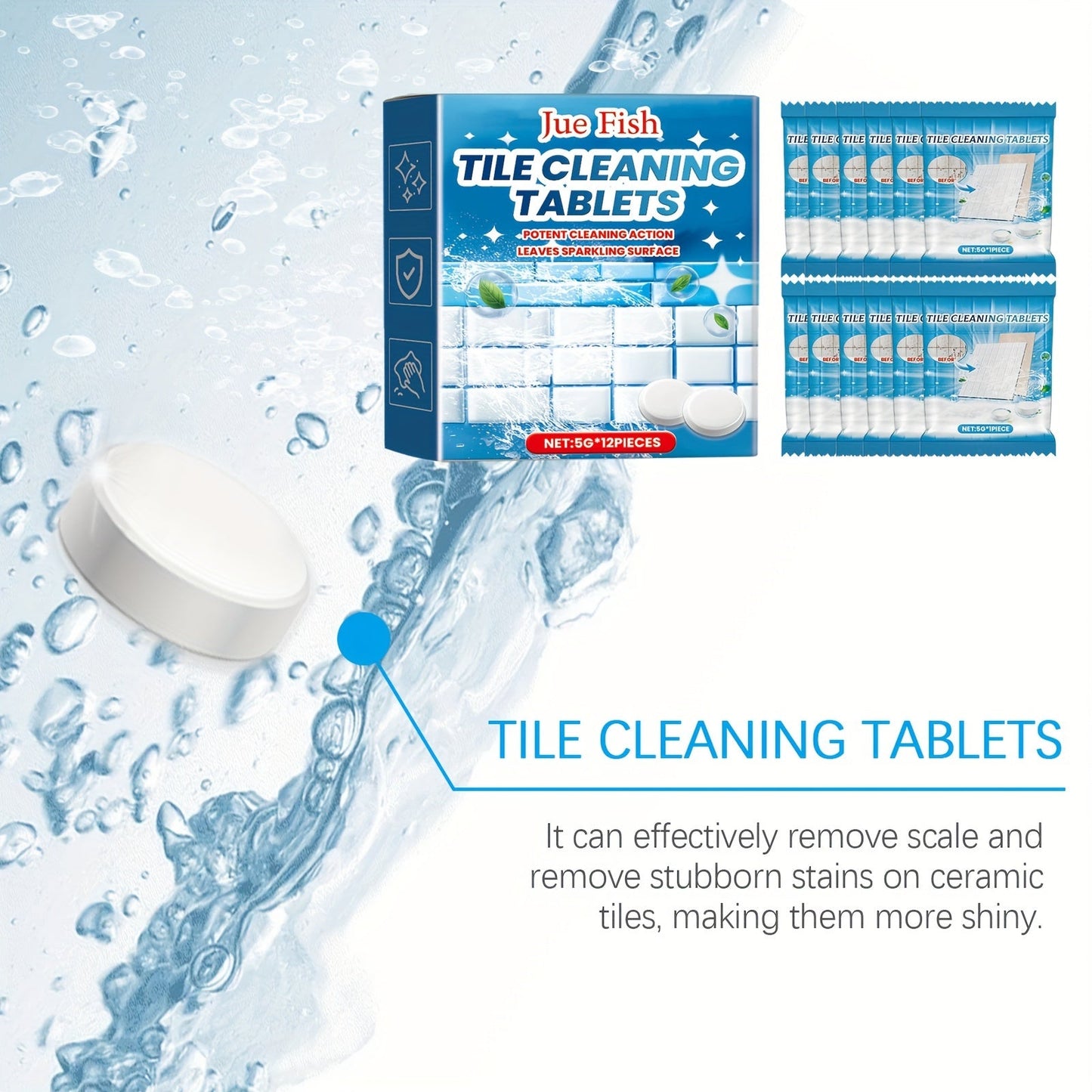 Effervescent tablets for cleaning tiles, suitable for use in the home, kitchen, toilet, washbasin, and walls. Effectively removes grime and scale, leaving tiles clean and bright.