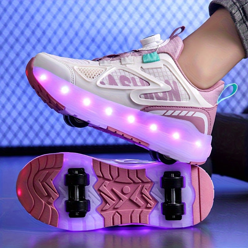 LED Roller Skates for Kids, 16 Modes, Rechargeable, Removable PU Wheels, Low Top, Striped Plaid Pattern, Rotary Buckle Closure, Boys & Girls Ages 14 and Under, Sizes 28-40.