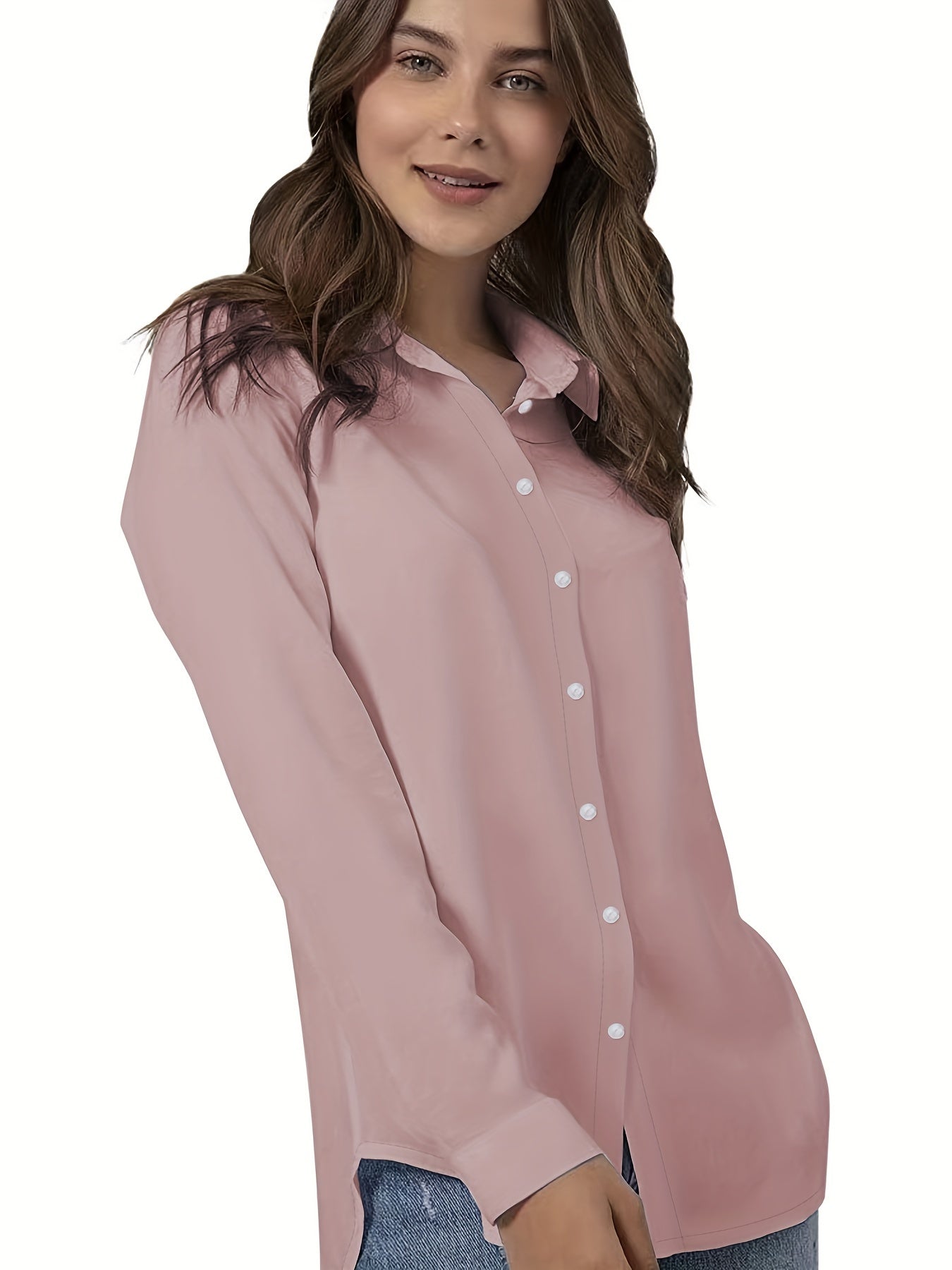 Solid Button Front Shirt with Roll Up Sleeves for Spring & Fall in Plus Size Women's Clothing.