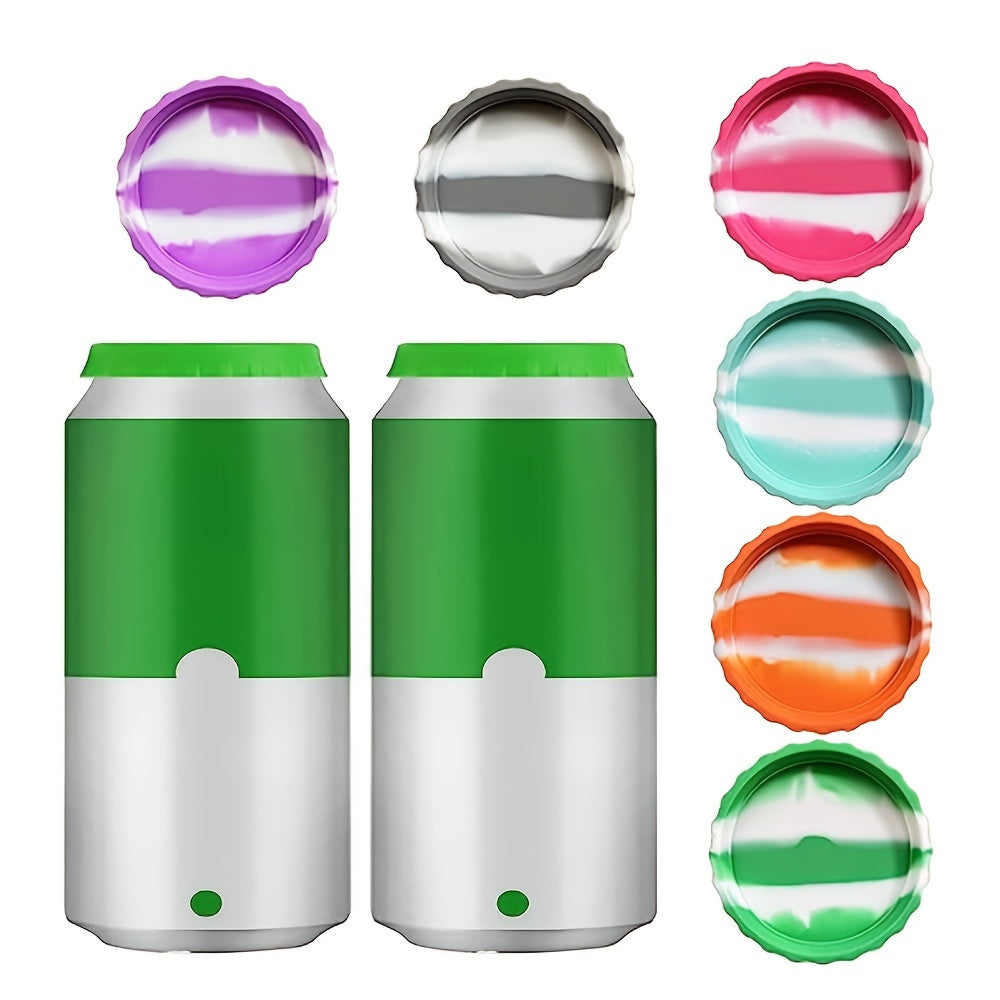 Six silicone soda can lids that prevent spills and fit standard soda cans. They come in a variety of colors and can also be used to cover juice and beverage cans.