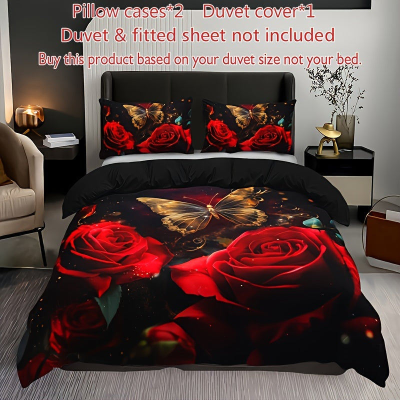 3-piece Romantic Rose Butterfly 3D Duvet Cover Set with 2 Pillowcases. Soft and breathable with HD printing for home or dorm decor.