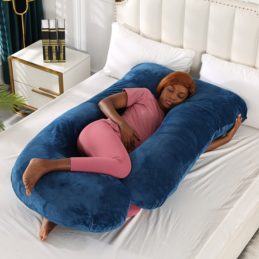 Crystal velvet J-shaped pregnancy pillow that doubles as a nursing, nap, and side sleeping pillow. Provides belly and lumbar support for pregnant women.