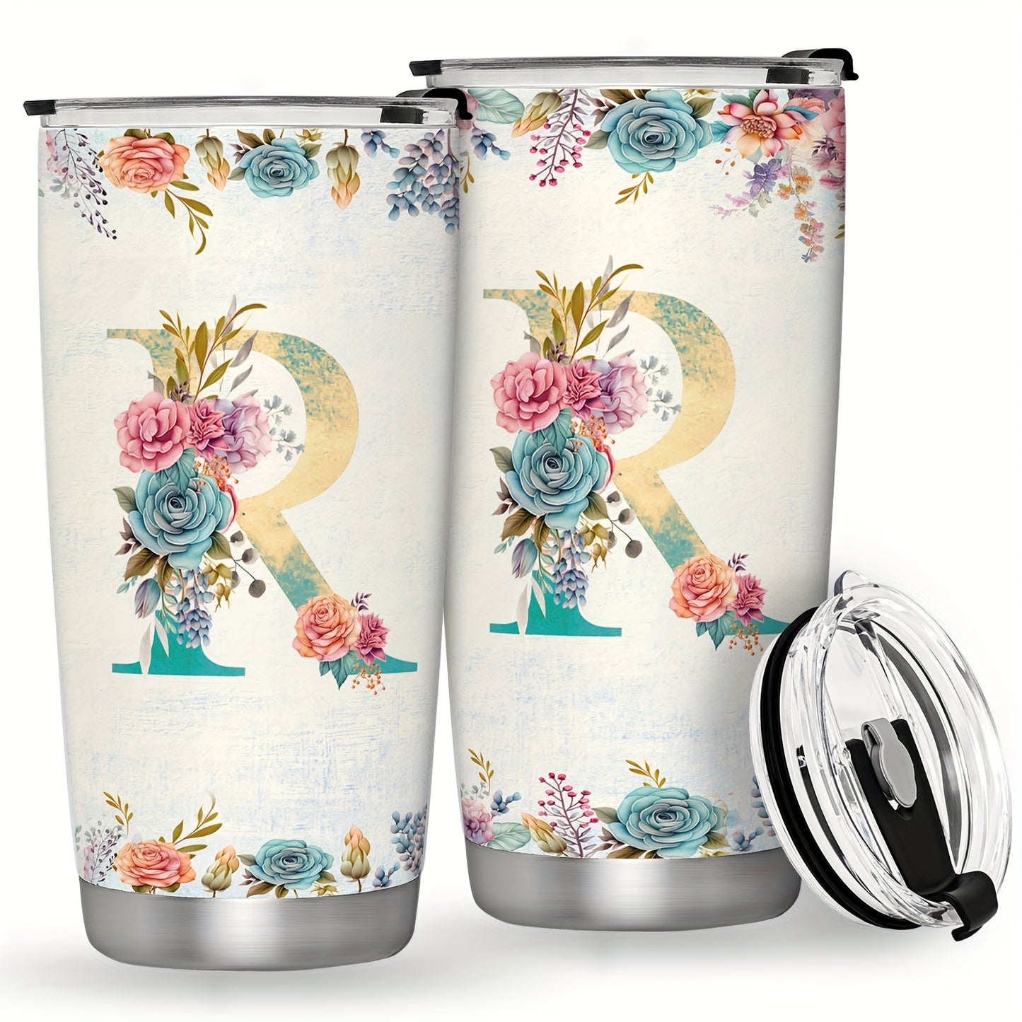 20oz Stainless Steel Tumbler with Initial Monogram, Floral Design, Leak Proof Lid, Perfect for Outdoor Activities, Great Gift for Holidays.