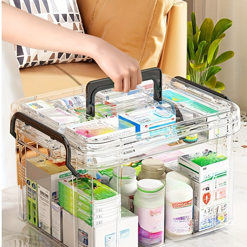 Large waterproof family medicine organizer with double-layer, transparent storage box for home and travel organization.