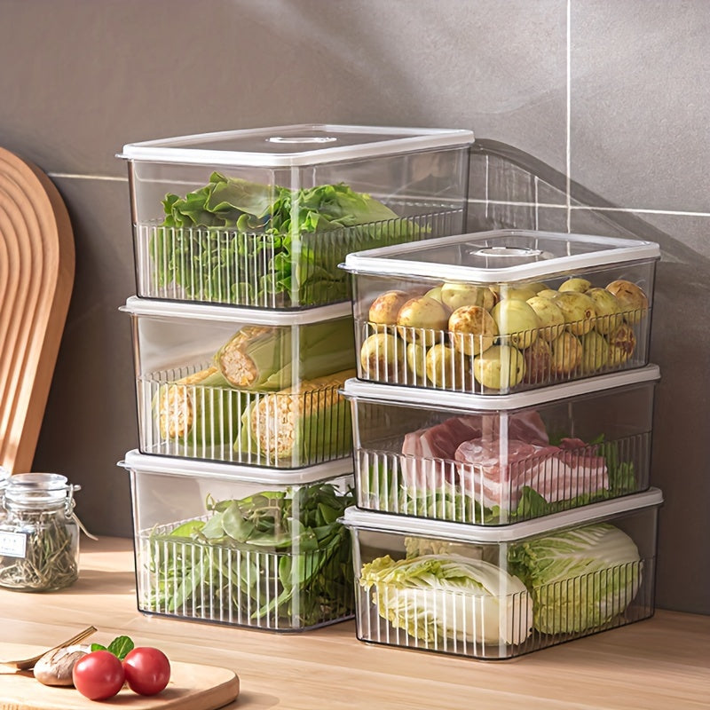 One set of three storage containers designed for multipurpose use, featuring leak-proof and stackable capabilities for keeping food fresh. These moisture-proof and reusable boxes are ideal for storing grains, meat, fruit, vegetables, and other kitchen