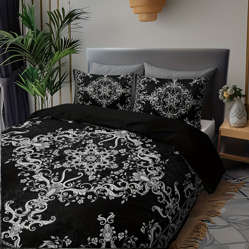 3-piece duvet cover set with pillowcases, breathable polyester, digital print black and white damask pattern, machine washable, no duvet insert, 90g fabric weight