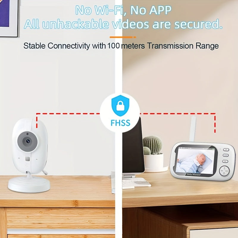 Video monitor with camera, audio, infrared night vision, temperature monitoring, lullabies, for indoor safety of elderly and pets.