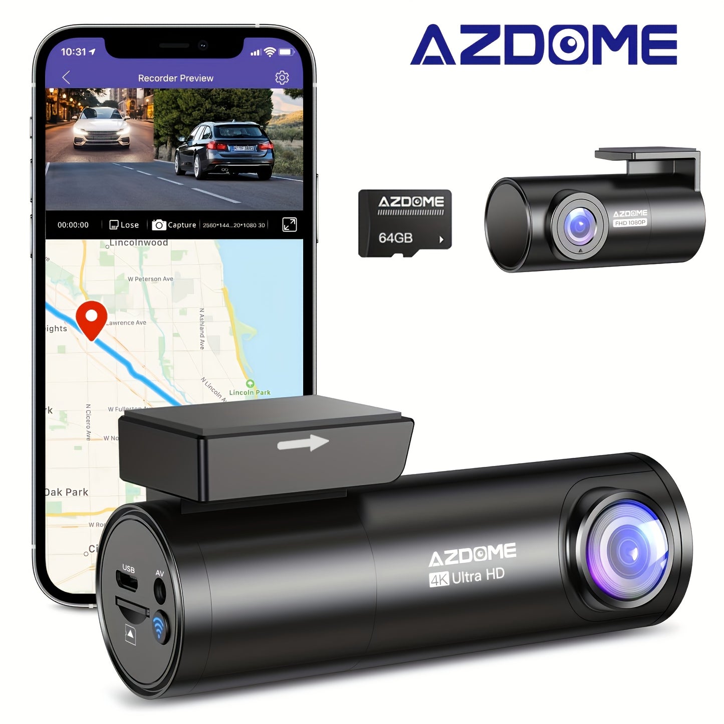 AZDOME M300S 4K HD Dash Cam with front & rear live recording, 5G WiFi, GPS, voice control, WDR, G-sensor, parking monitoring, and included SD card.