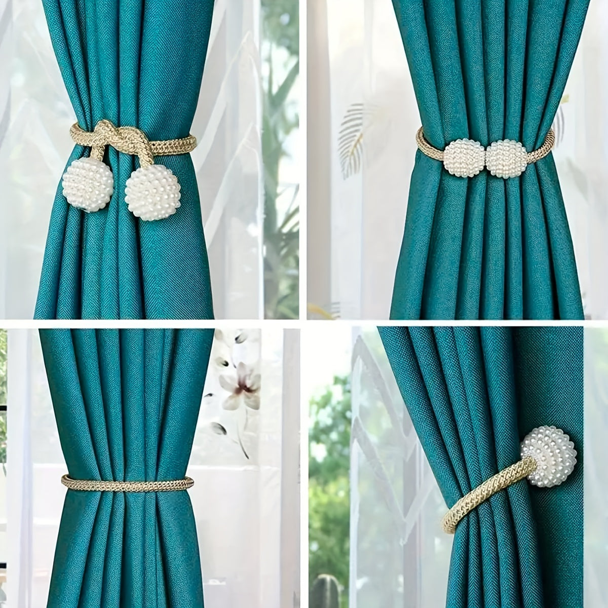 Two pieces of magnetic curtain tiebacks with a classic design, perfect for holding back curtains in a home, living room, bedroom, or office. Each tieback is 42.01 cm long.